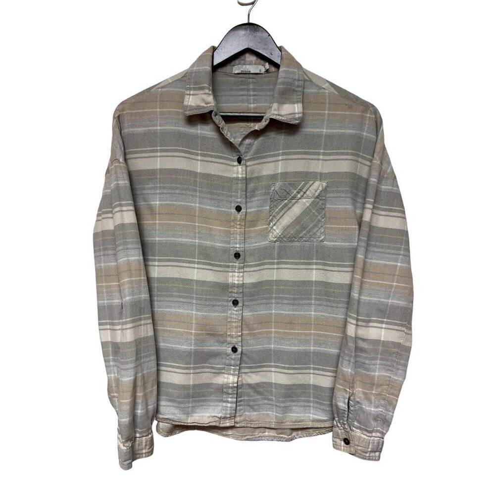 Prana Stripe Grey Tan Roll Tab Long Sleeve Button Front Shirt Women's Size Small